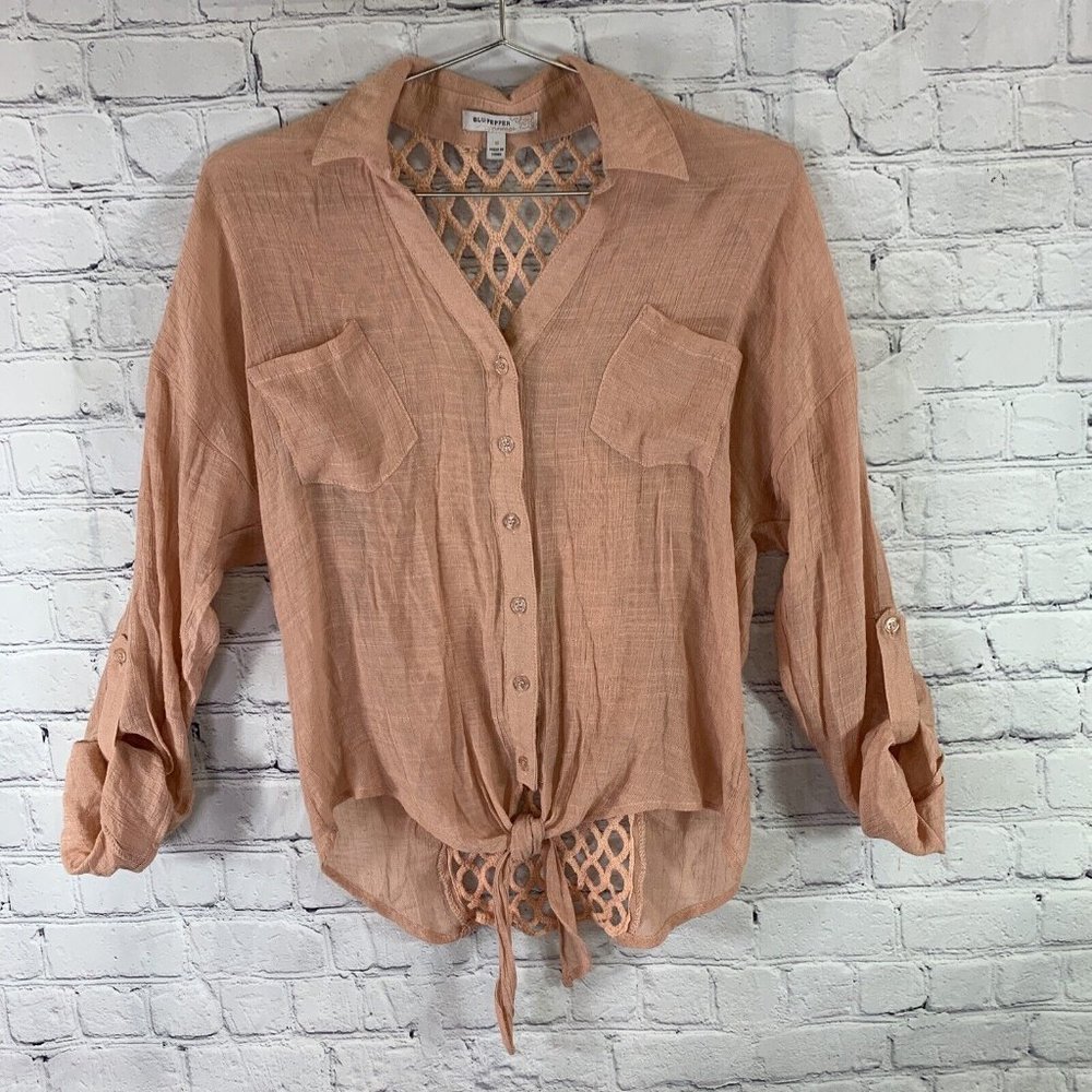 BLU PEPPER Roll Sleeve Front Tie Crochet Blouse Boho Cottagecore Peach Size M